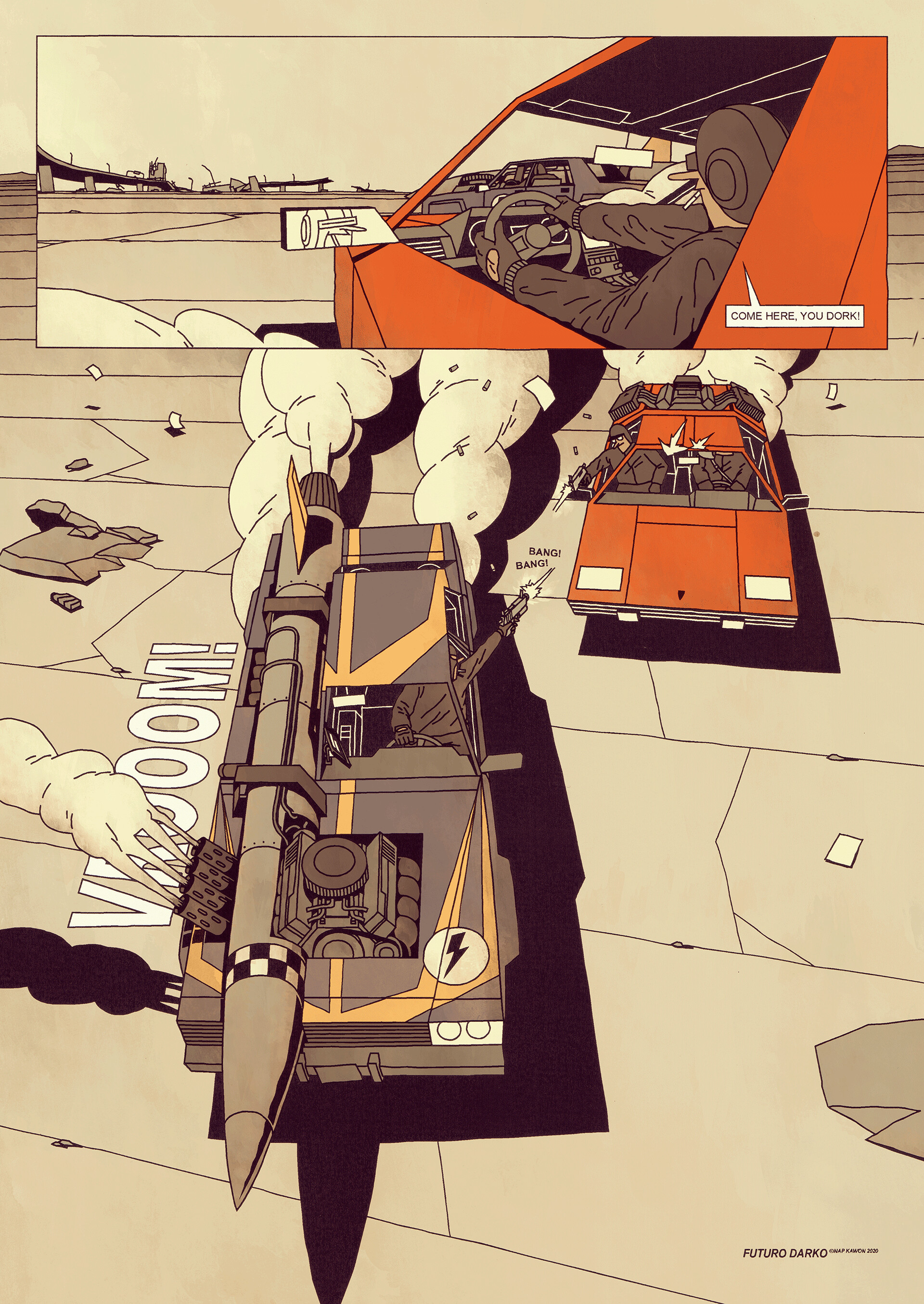 a futuristic car is flying through the air. the car is equipped with a large rocket engine that is firing, creating a trail of smoke and a sonic boom. in the background, another car is driving away.  the image is set in a futuristic, cyberpunk world.