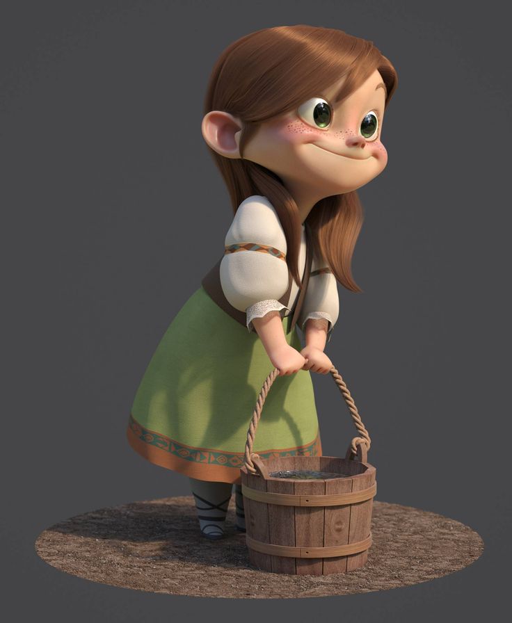 a 3d render of a cartoon girl in a peasant dress holding a wooden bucket filled with water. she has brown hair, big eyes, freckles, and fair skin. she is wearing a white tunic with puffy sleeves, a green skirt, and is standing on a brown surface.