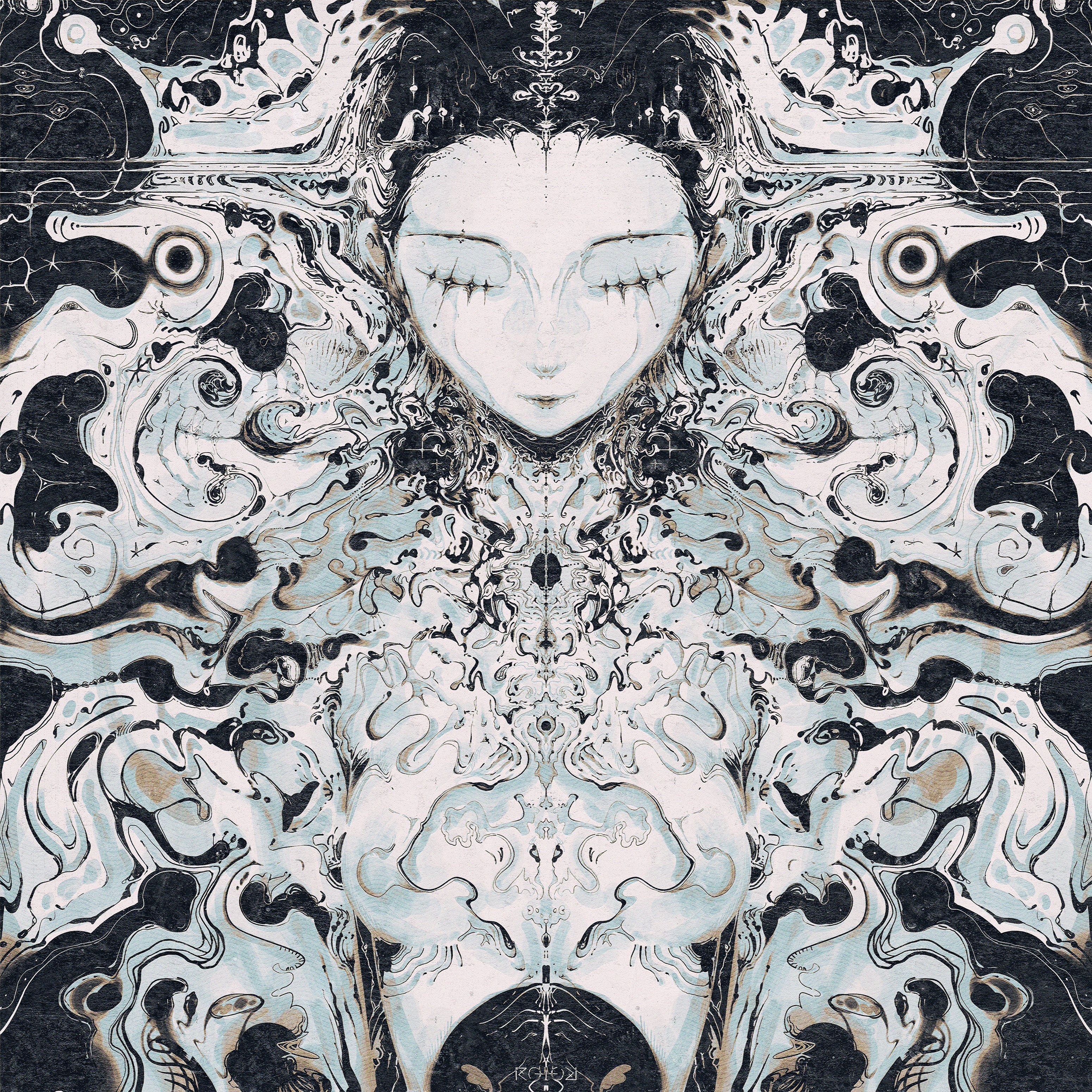 a surreal digital art piece featuring an abstract face surrounded by swirling, dripping patterns in shades of black, white, grey, blue, and brown. the face has closed eyes and a solemn expression, creating a mysterious and psychedelic atmosphere. the overall composition is dynamic and fluid, evoking a sense of movement and transformation.