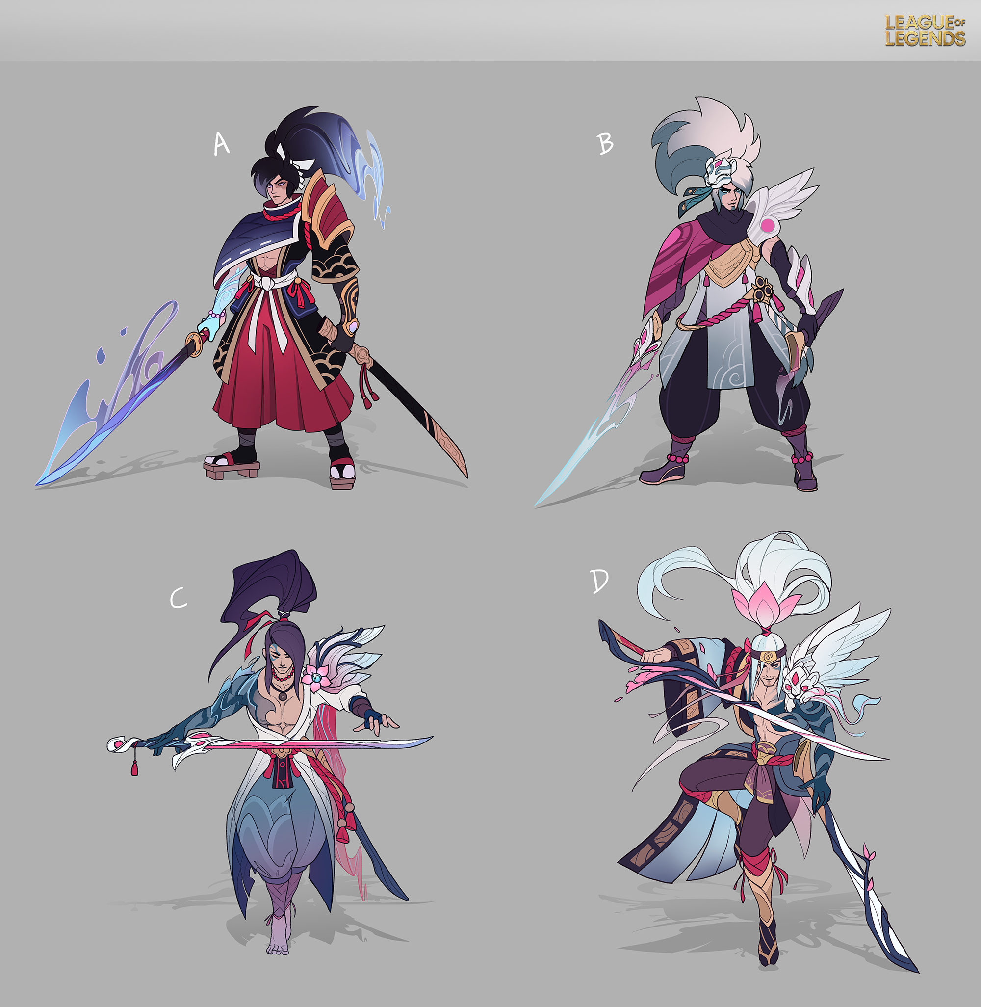 the image showcases four concept art designs for characters, possibly for a league of legends game or similar project.  each design features a character with a distinct style and design, resembling a samurai or ronin aesthetic. each has a unique hairstyle, clothing, weapons (katanas and other fantasystyled blades), and color scheme. the characters appear to have elements of japanese design and culture incorporated into their outfits. the art style leans towards anime or manga influences. the designs are labeled a, b, c, and d. the background is a simple gray.  the league of legends logo is present at the top right corner.