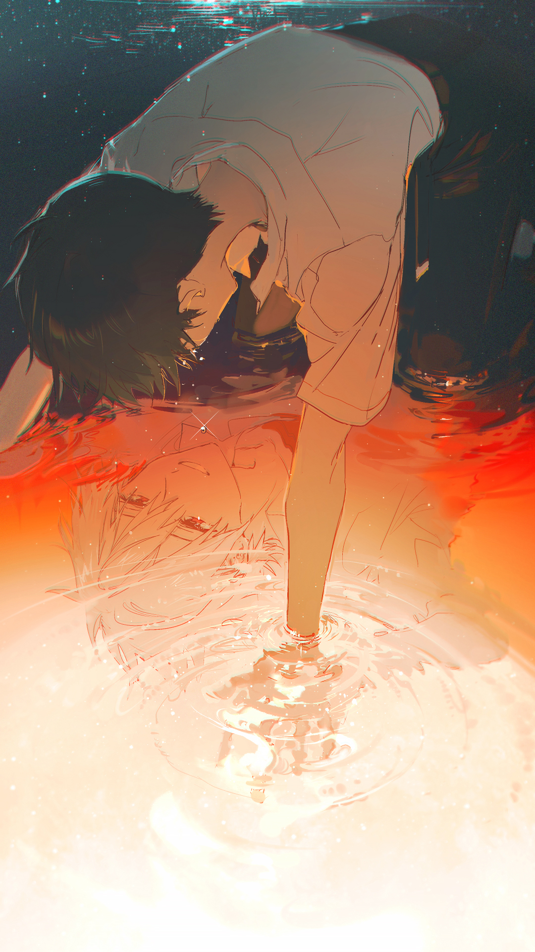 an animestyle image shows a boy with dark hair and a white shirt leaning over a body of water. he is reaching towards the water, causing ripples. a reflection of his face is visible in the water. the water is predominantly orange, and the background is dark.