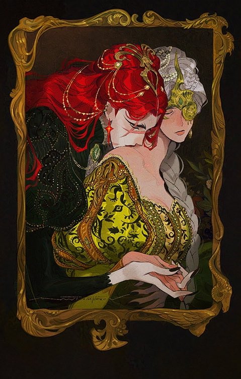 the image is a digital painting of a portrait of two women, presumably lovers, set within a golden frame. the woman with red hair, wearing a dark green dress with gold embellishments, is holding the other woman, with white hair, in a loving embrace. the woman with white hair is wearing a pale green and yellow dress with ornate details, and a jeweled mask is covering her eyes, but the redhaired woman's eyes are visible, and she appears to be gazing at her partner with a loving smile. the painting is beautifully rendered with a dramatic and romantic atmosphere, giving the impression that the two women are royal or wealthy, and their love is a secret, hidden from the world.  the artwork's captivating details, like the jewels and the masks, add to the sense of mystery and intrigue.