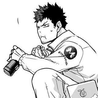 a black and white drawing of a young man with short, spiky hair. he is wearing a jacket and is holding something in his right hand while looking to the left.  the style of the drawing suggests it's from a manga or anime.