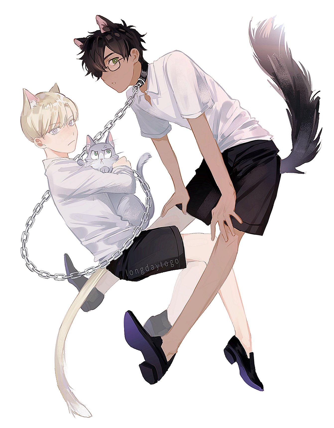 the image is a digital drawing/fanart in an anime/manga style, depicting two young men. both are wearing cat ears. one has blonde hair and a lightcolored outfit, and the other has black hair, glasses, and a darker outfit. they are connected by a chain around the neck of the blackhaired boy.  the blondehaired boy carries a small gray cat. the style is soft and slightly suggestive of a romantic or playful relationship between the two characters. the overall color palette is soft and muted.