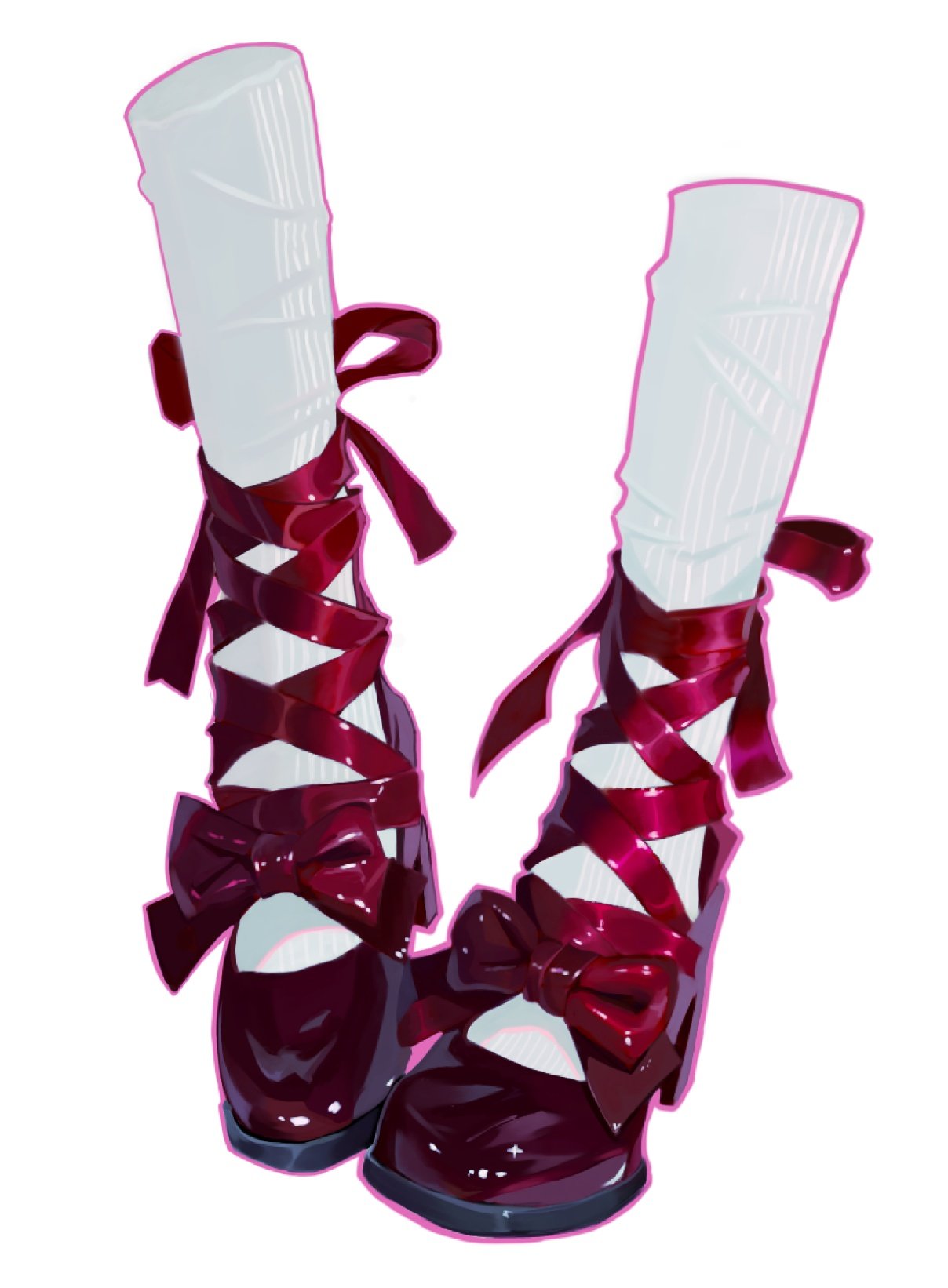 a pair of burgundy highheeled shoes with red ribbon bows and white socks. the shoes have a glossy finish and are tied with red ribbons around the ankles. they are a cute and feminine style of footwear.