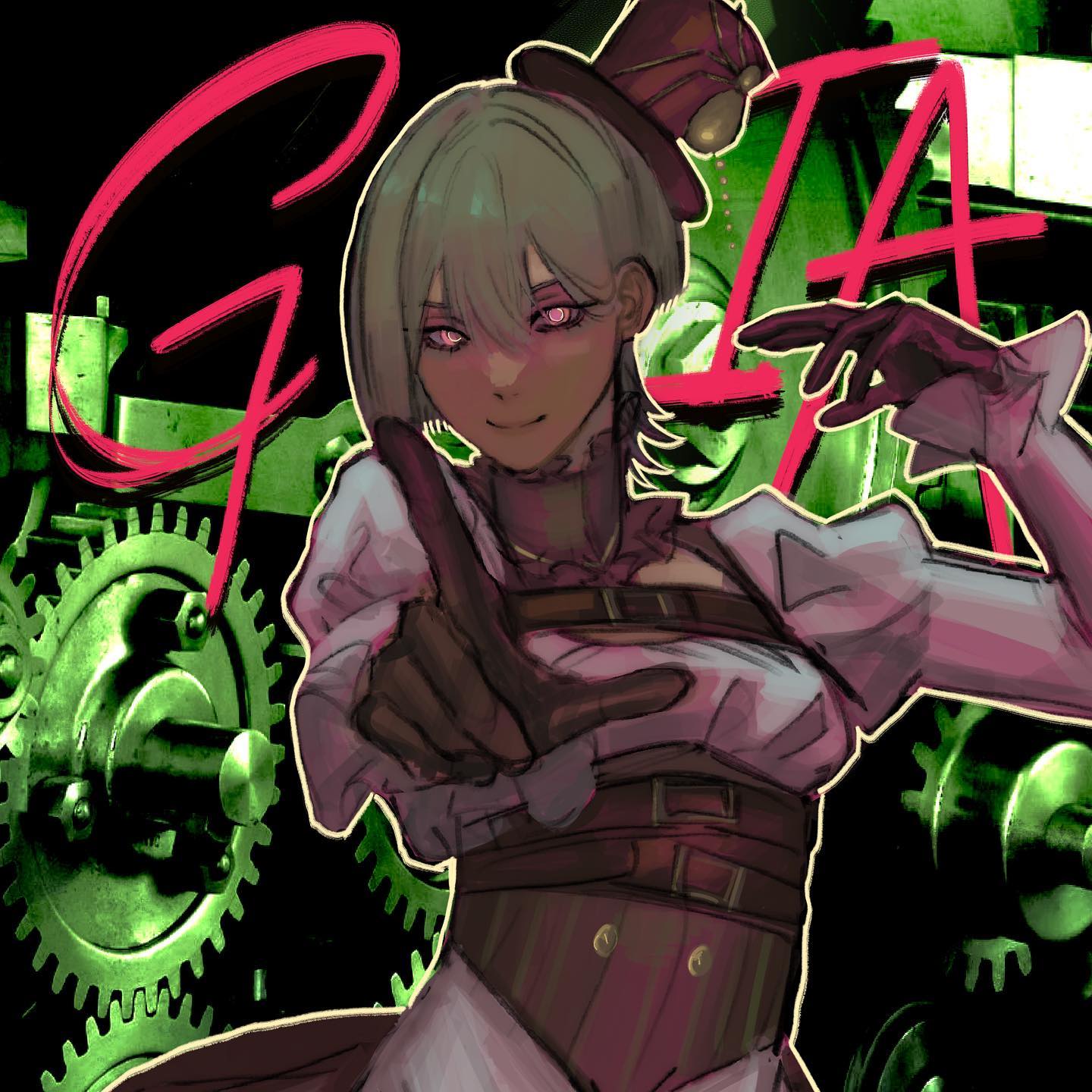 a frontal portrait illustration of a woman dressed in a steampunkinspired outfit against an abstract background of gears. her attire consists of a white dress with a brown corset, a hat with goggles, and long gloves. the color palette is predominantly dark, with accents of red and green.