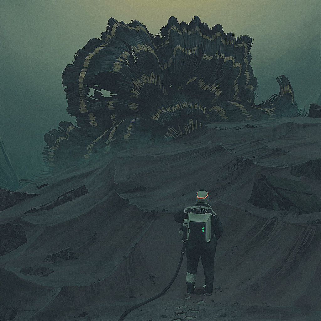 an astronaut stands in a desolate alien desert, looking up at a massive alien structure looming in the distance. the alien structure is made of a dark material and has a strange, organic shape. the astronaut is silhouetted against the bright sky, giving a sense of scale to the enormous structure.  the scene is filled with mystery and wonder, suggesting a sense of isolation and exploration.
