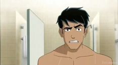 a young, athletic man with dark hair and a concerned expression stands shirtless in a brightly lit shower room.  he is looking directly at the viewer with his mouth slightly open in alarm.  the walls are tiled white and there are multiple mirrors reflecting the man's image.