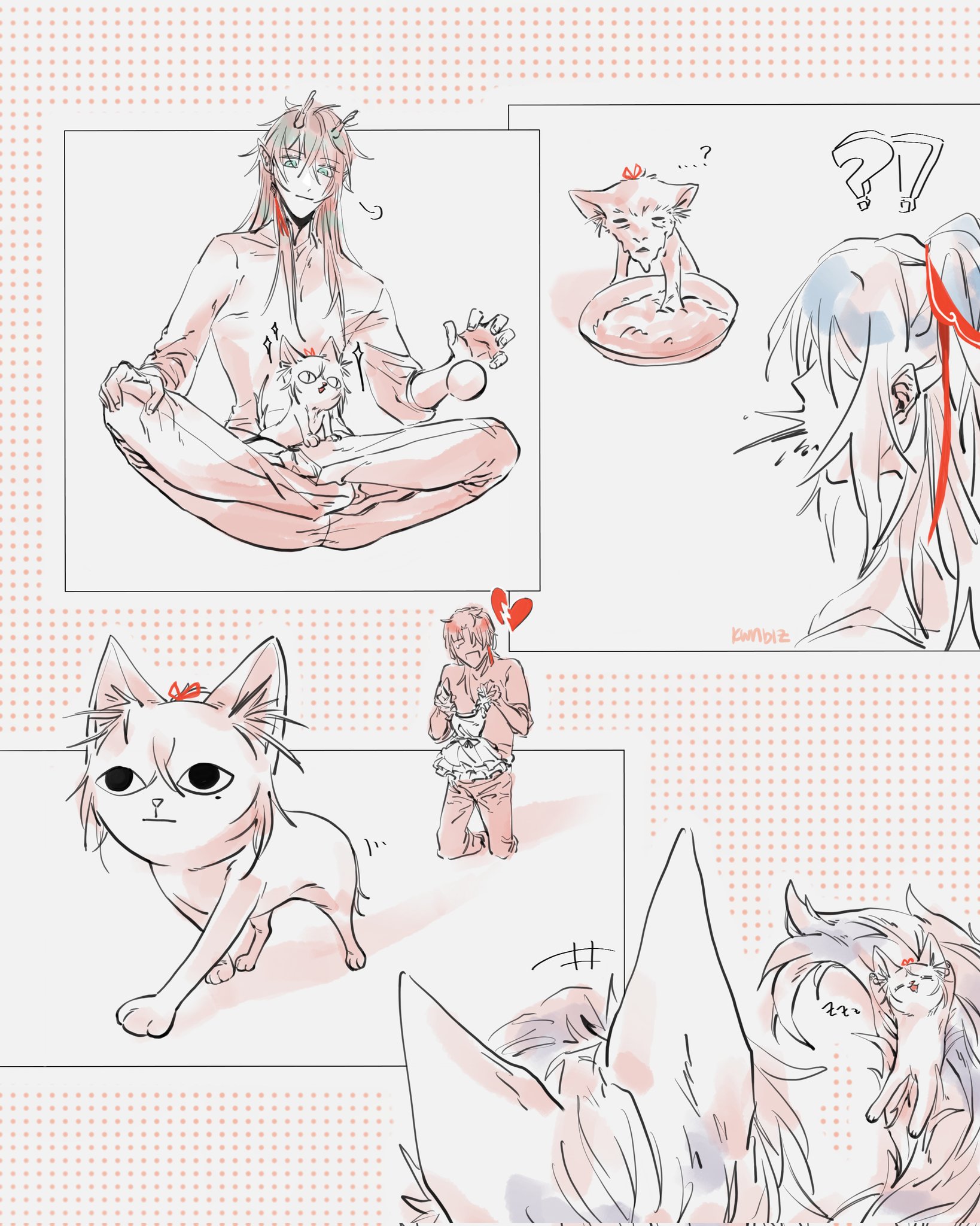 this is a cartoon drawing of a scene from a comic or manga. there are various characters and animals all interacting in a lighthearted way. it seems as though the main focus is on the cat that is standing tall, holding a flower in its mouth. the cat seems to be looking to the left with a slight smile. other cats can be seen in the background. there is one cat in the background sitting in a bowl, and one cat sitting on a person's lap. there is also a person with red hair and a large red bow on their hair, looking shocked.  the drawing is drawn using black lines, and has light pastel pink and red coloring.  it is a cute and whimsical drawing, giving a sense of joy and wonder.