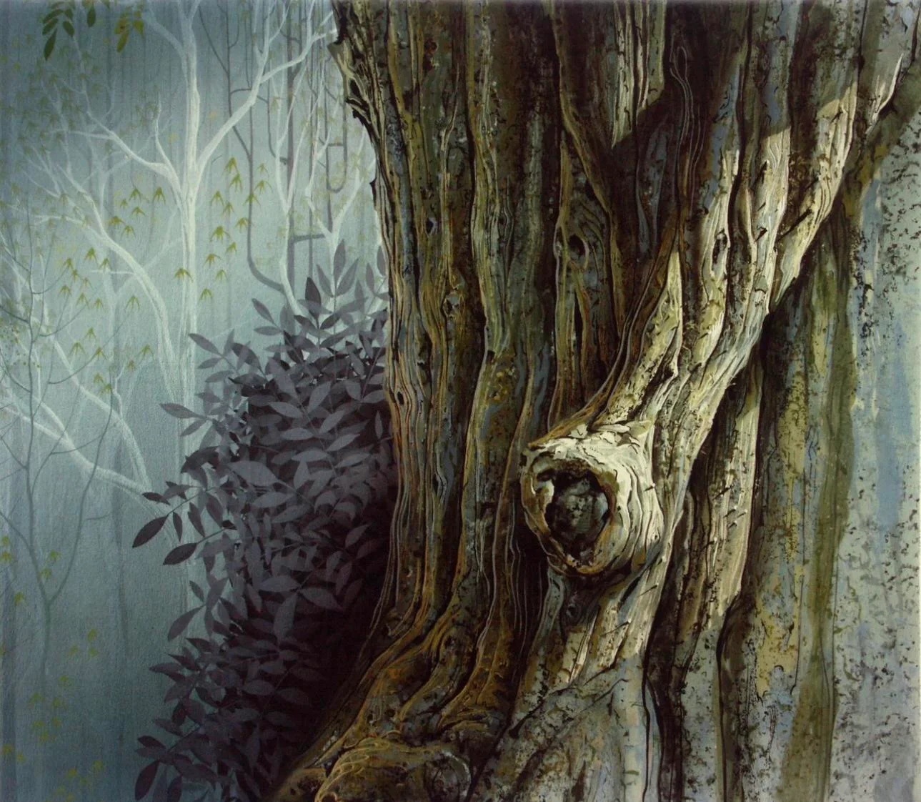 this is a realistic painting of a tree trunk in a forest. the painting has a soft light source and uses a palette of greens, browns, and greys. the bark of the tree is highly detailed and textured, with knots and crevices. there are leaves on the ground around the base of the tree. the background of the painting is a misty forest.
