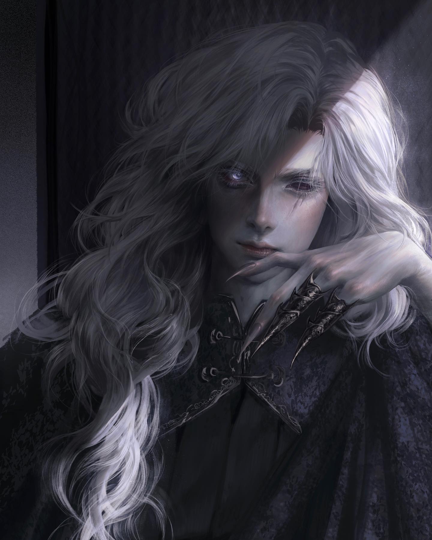 a portrait of a woman with long, white hair and red eyes. she is dressed in a black, victorianstyle dress and her long hair falls over her shoulders. she is holding up her right hand, showing off long, sharp claws. the image is shot in a dark, shadowy room with a single light source coming from the right side of the image. the image has a mysterious, elegant and dramatic feel to it. the woman appears to be a vampire.