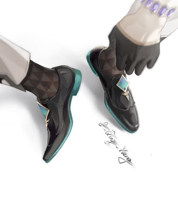 the image is a piece of fanart depicting xiao from genshin impact. the artwork focuses on a closeup view of his feet, showing his elegant black shoes with teal accents, patterned socks, and gloves. the shoes are meticulously detailed, with visible stitching and a small decorative element. one shoe is positioned slightly ahead of the other, as if he's just taken a step.  a stylized signature appears scrawled on the ground near the shoes. the overall style is clean and polished, characteristic of highquality animestyle artwork. the setting appears minimal, focusing attention solely on xiao's attire and the stylistic elements of the drawing.