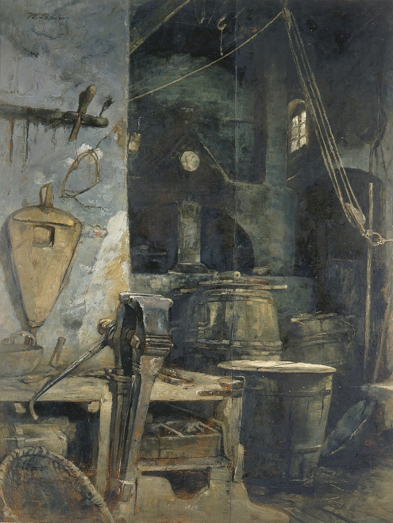 this is a painting of a cluttered workshop interior. it depicts a variety of tools and equipment, including barrels, a vise, a forge, and bellows. the workshop is dimly lit, and the painting has a dark and dusty atmosphere. a workbench is visible in the foreground, cluttered with tools. ropes and a pulley system hang from the ceiling. a small window is visible in the background, providing a glimpse of light. the overall impression is of an old and wellused industrial space.