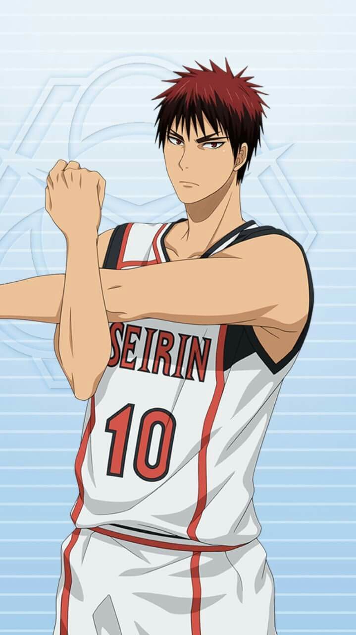 a male anime basketball player with red hair is stretching his arm. he is wearing a white jersey with red and black stripes. the jersey has the number 10 on the front and the word "seirin" across the chest. he is looking intensely at the camera. the background is a light blue with white lines.