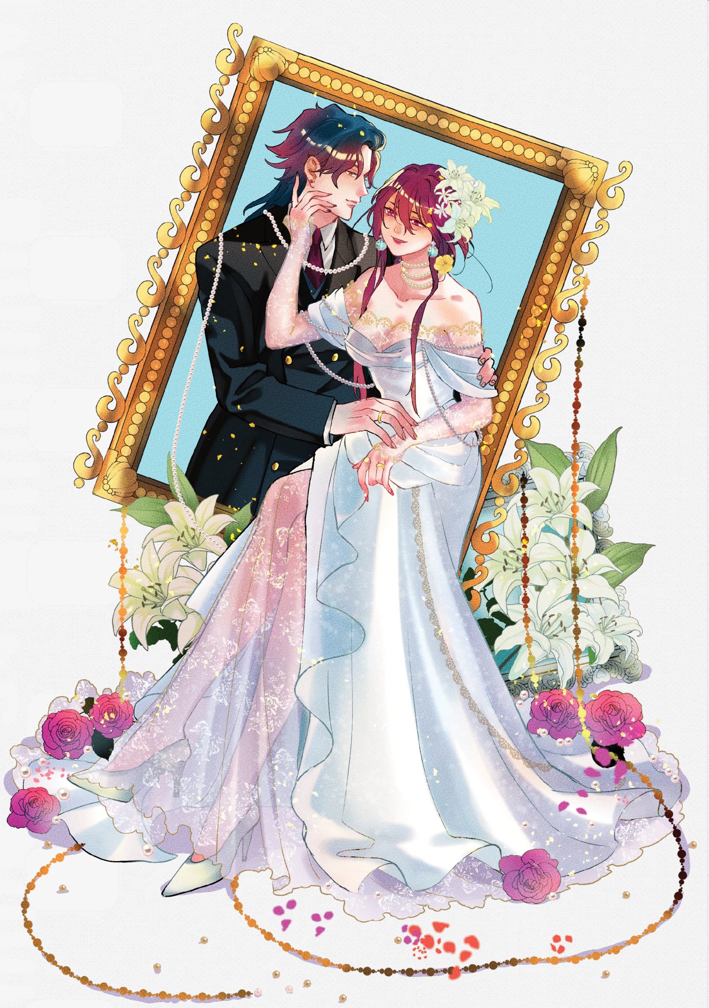 this is a digital art illustration of an anime couple getting married. the bride is wearing a beautiful white dress with a veil and a floral crown. she has long red hair and blue eyes. the groom is wearing a dark suit with a pearl necklace. he has dark blue hair and blue eyes. they are standing in a golden frame surrounded by flowers. the background is a light blue.