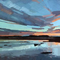 the image is an abstract landscape painting of a sunset over water. the sky is filled with streaks of blue, orange, and pink. the water reflects the colors of the sky and is painted in shades of blue and gray. the horizon line is low and there is a dark silhouette of land in the distance. the painting has a loose, impressionistic style and the brushstrokes are visible.