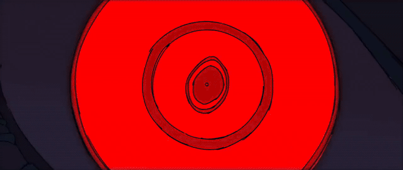 a close up of a red circle with a black outline. the circle is surrounded by concentric rings. the background is black.