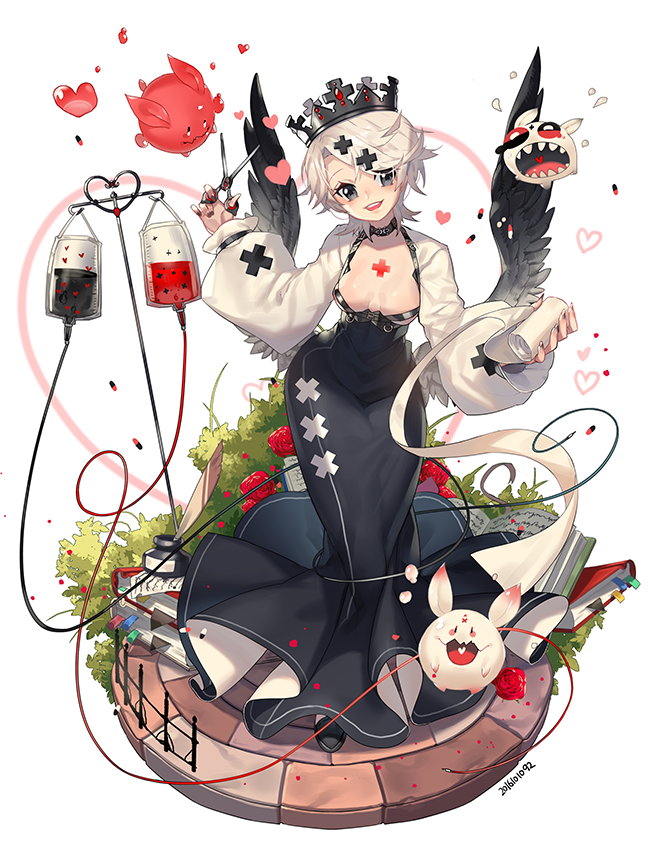 a female anime character with white hair and red eyes, wearing a black and white dress with cross decorations. she has black angel wings and a crown on her head. she is surrounded by blood bags, hearts, medical tools, and cute spooky creatures.  the overall color scheme is black, white, and red.