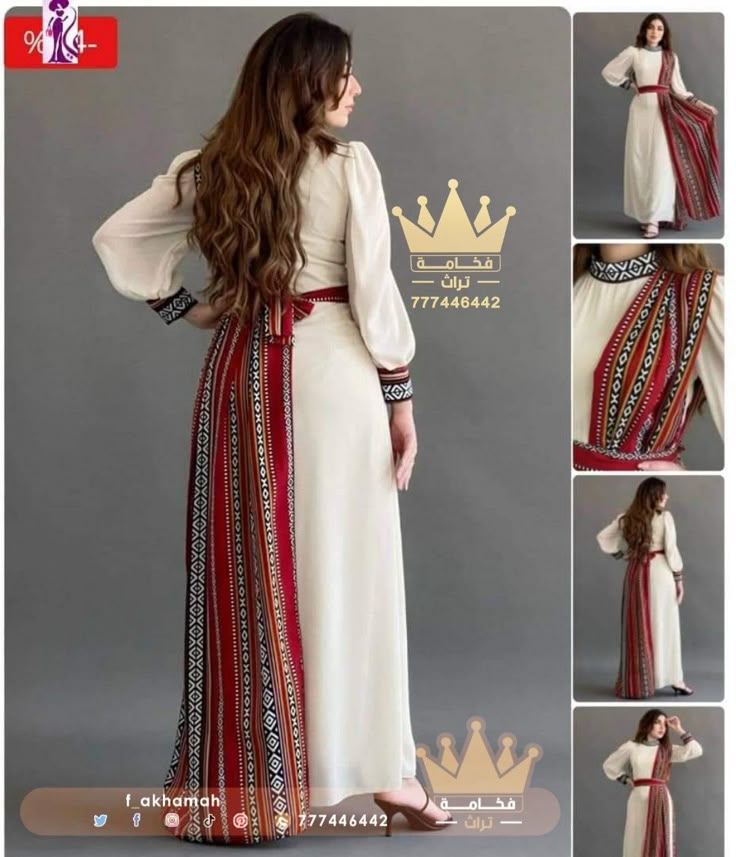 the image shows a woman wearing a longsleeved, white dress with maroon accents. the dress features patterned fabric running down one side and as a belt. there are also patterned details on the cuffs. additional images of the dress from different angles are included in the collage.
