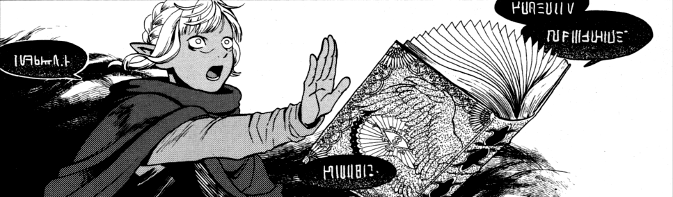 the image is a black and white comic panel featuring an elf character. the elf, with wide eyes and a surprised expression, holds up their hand as if pushing something away. behind them, a large, ornate book floats open, its pages spread wide. the book features a detailed illustration of a bird with outstretched wings, possibly an eagle or a phoenix. speech bubbles emanating from the character and the book suggest a dialogue, hinting at a magical or fantastical interaction. the background is dark and heavily shadowed, adding to the dramatic and mysterious atmosphere.