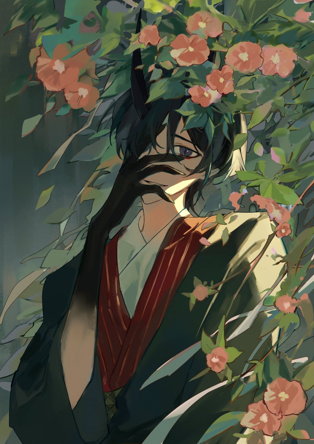 the image is a digital painting of a young man in a traditional japanese kimono. his hair is black, and he has a pair of small, sharp horns on his forehead. he has purple eyes and is covering one of them with his hand. the man is standing in a garden, surrounded by pink flowers and green leaves. the light is coming from behind him, creating a dramatic contrast between the bright flowers and his dark silhouette. the man's expression is somewhat mysterious, and the overall image has a very elegant and beautiful feel.