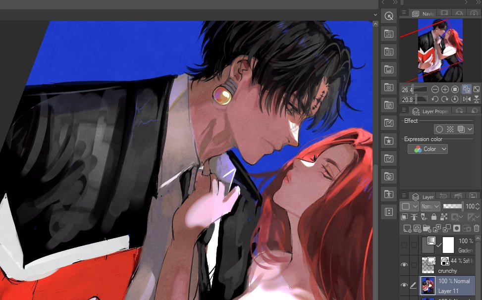 this digital artwork shows an anime couple, a man in a suit and a woman with long red hair. the man is leaning down to kiss the woman. they are both looking at each other with love and affection. the art style is highly detailed and realistic, with vibrant colors and expressive details. the image is likely fan art, as it features characters from a popular anime or manga series. the overall tone of the image is romantic and heartwarming.