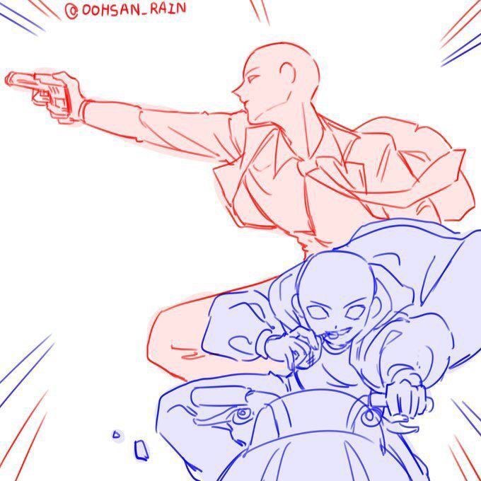 the image is a dynamic line drawing of two male figures in action poses.  one figure is depicted aiming a handgun, while the other is riding a motorcycle.  the drawing style is simplistic, focusing on poses and movement rather than detailed features, making it suitable as a pose reference for artists. the style suggests a manga or anime influence. the lines are clean and expressive, emphasizing the action and energy of the scene. the figures are drawn in a base form (lacking detailed facial features) making it adaptable to different character styles.  speed lines accentuate the dynamic nature of the scene.