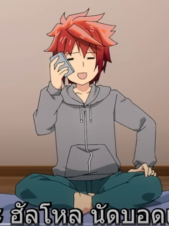 a redhaired anime boy with crimson eyes sits comfortably on the floor, engrossed in a phone call. his cheerful expression suggests a pleasant conversation. he's dressed in a relaxed outfit of teal pants and a gray hoodie.  the background is a simple, neutral wall.
