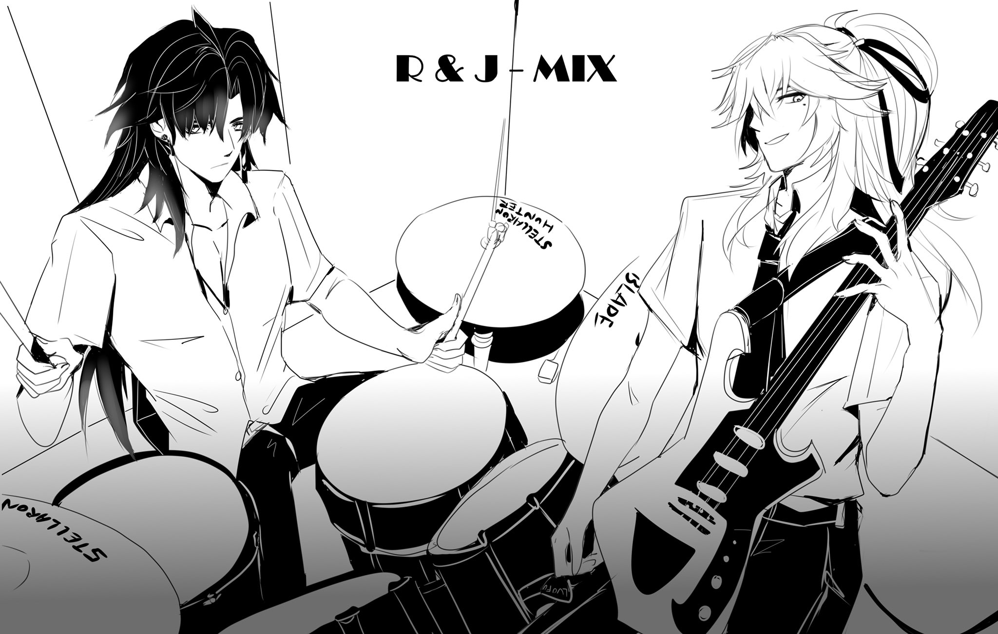 a black and white line art illustration of two anime characters, one male and one female, performing music together. the male character is playing the drums, while the female character is playing an electric guitar. they are both dressed in casual clothes and are smiling at the camera. the background is a simple white space. the drawing is very detailed and conveys a sense of energy and excitement.