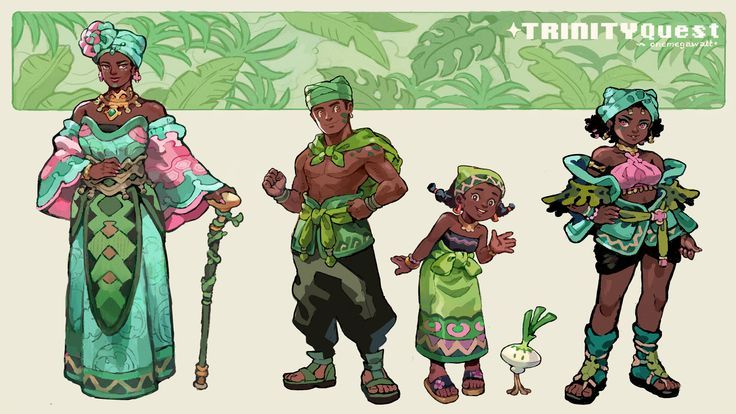 the image is a colorful digital illustration showcasing character designs for a game called "trinityquest" by one megawatt.  the artwork depicts a family of four, with distinct africaninspired clothing and styling. the background features a tropical leaf pattern. the family includes a woman in a long, flowing teal and pink dress holding a cane, a muscular man in a green and dark outfit, a girl wearing a matching green outfit to the man, and a younger girl in a similar outfit but brighter green.  the style is vibrant and whimsical, suggestive of a fantasy game setting. a small onionlike creature is also present, seemingly a game element.  the overall style is cartoonish yet detailed, with emphasis on clothing design and character personality.