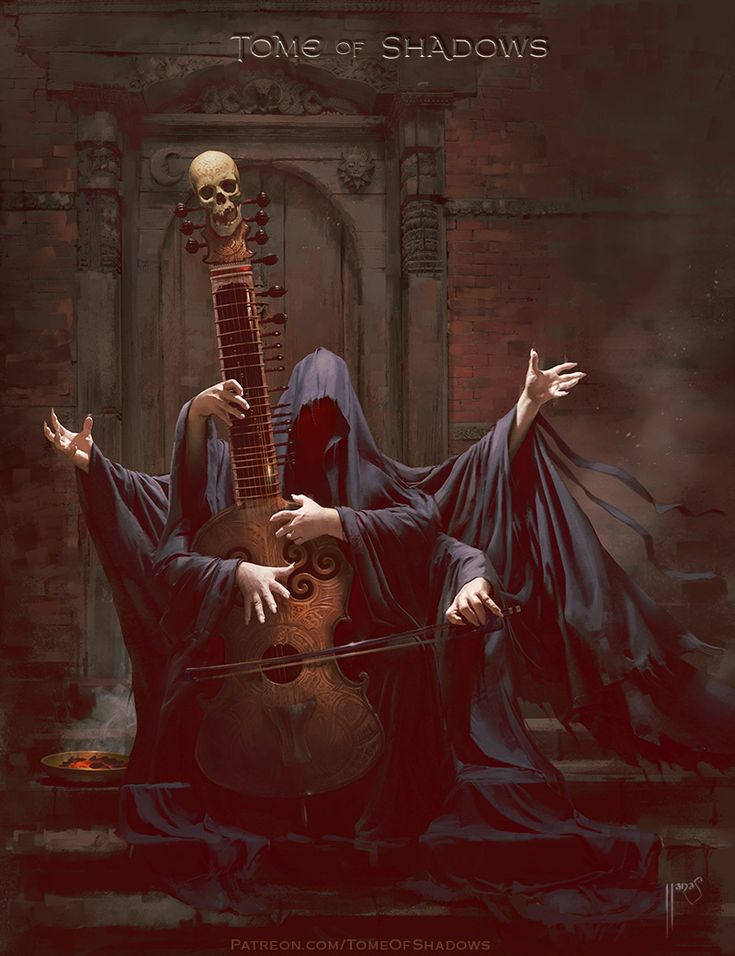 a digital painting depicts a hooded figure playing a cello. the cello has a skull carved into its head and a skeleton hand for a scroll. the figure is playing the cello with a shadowy, otherworldly glow in the background. the painting is dark, moody, and mysterious. the figure is very dramatic and the cello seems to be levitating. the whole image seems to be set in a place where the world is transitioning from light to dark.