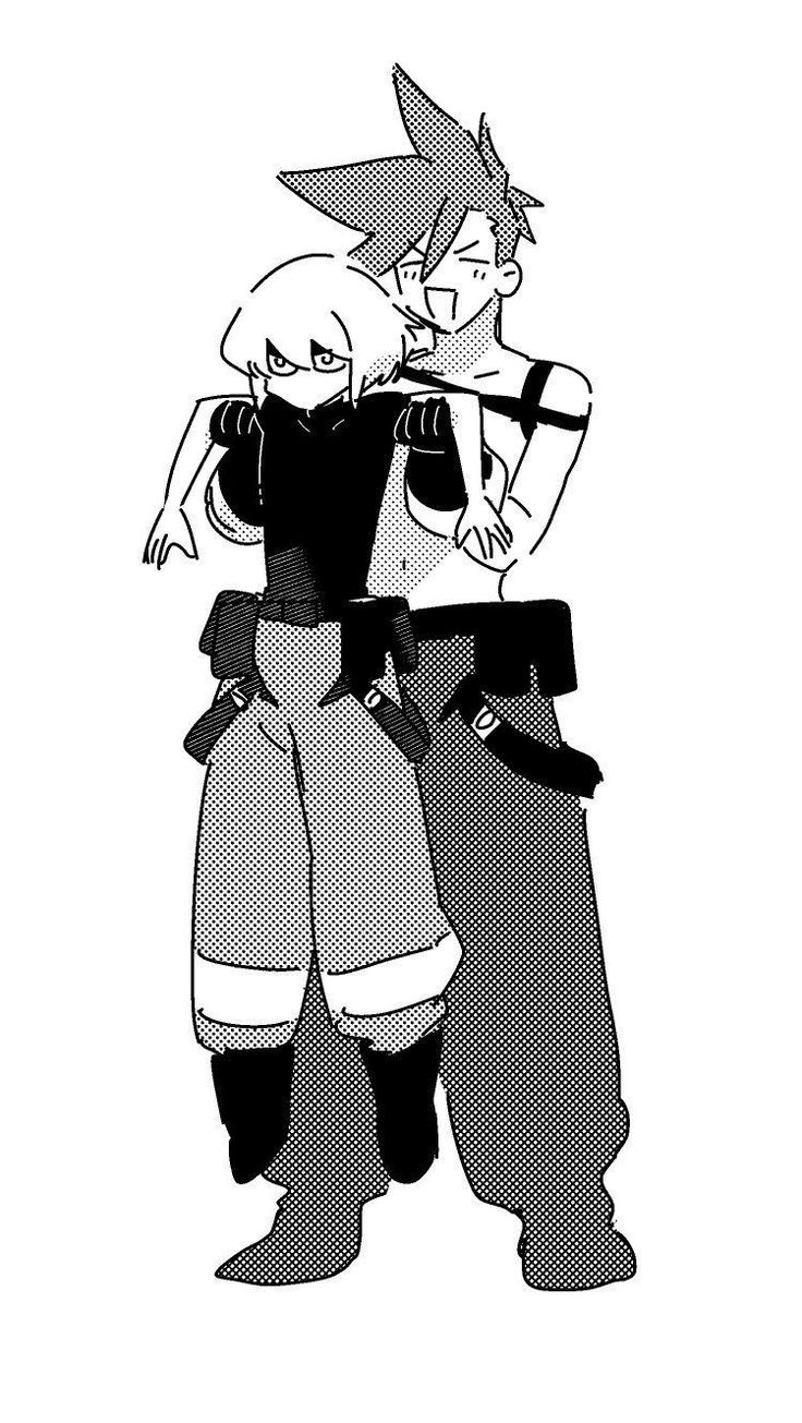 he image is a black and white illustration, likely from an anime or manga.  it depicts a boy carrying a girl in his arms. both characters have stylized, fashionable clothing that appears futuristic or scifi inspired. the girl has short hair and seems somewhat serious, while the boy has spiky hair and a more cheerful expression. the style is distinctly comiclike, with heavy use of black and white shading and a dynamic pose. the overall feeling is one of affection and intimacy between the two characters.
