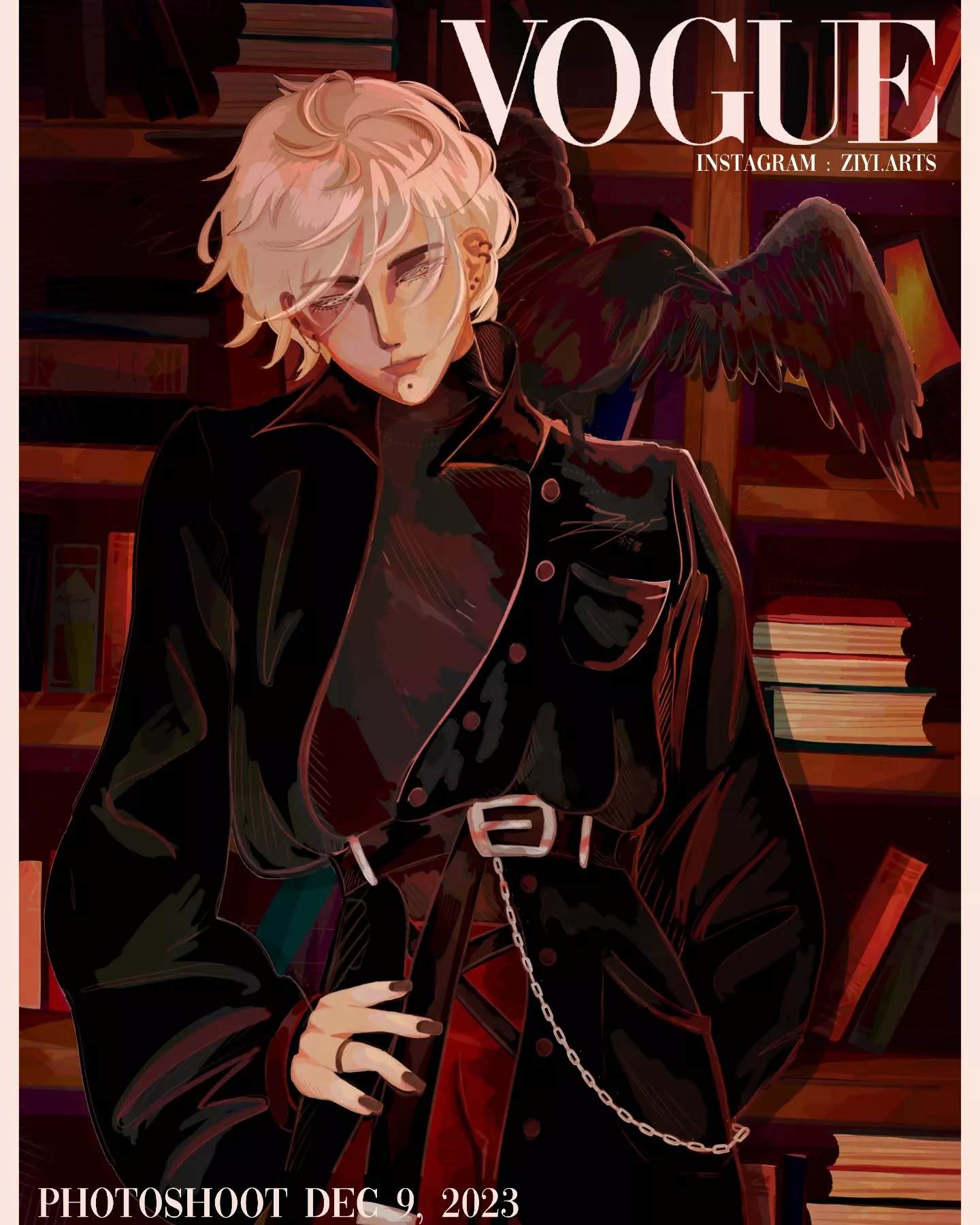 the image is a digital illustration styled as a vogue magazine cover featuring a male animestyle model.  he has pale skin and white hair, dressed in a long black coat with red accents underneath. he's accessorized with a chain belt and is posed with one hand resting on his hip. a large raven with spread wings is positioned behind him, partially obscuring the background. the background includes a dark wooden bookshelf filled with books, creating a dark and mysterious atmosphere. the vogue logo is prominently displayed at the top, along with the artist's instagram handle and photoshoot date ("photoshoot dec 9, 2023"). the overall style is dark, gothic, and fashionable.