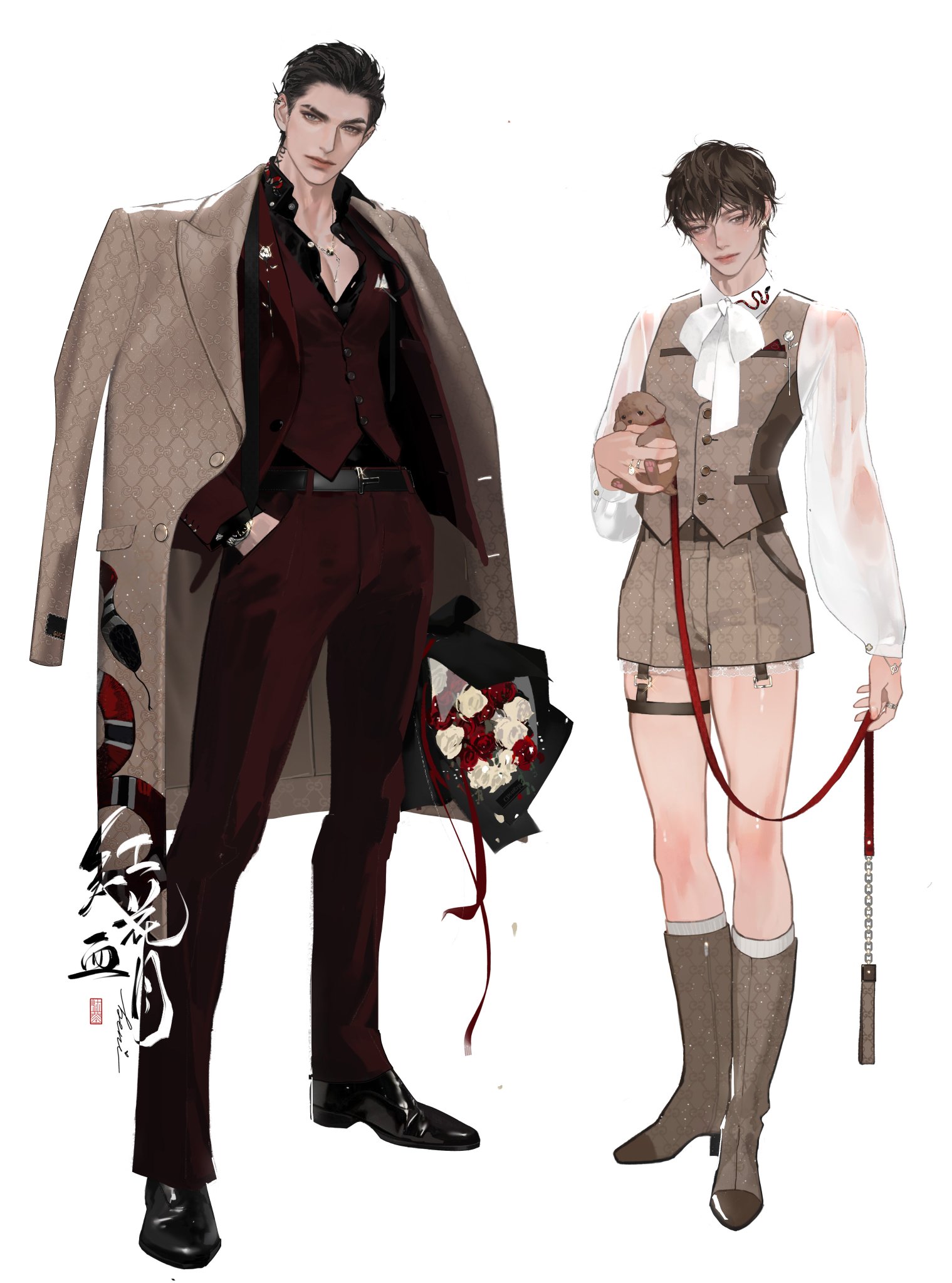 the image is a digital illustration depicting a couple dressed in fashionable attire. the man wears a brown coat over a red suit, holding a bouquet of red roses. the woman wears a white blouse with a brown vest and matching shorts. she is holding a small dog on a leash. the image is set against a white background. the couple appears to be on a romantic date.