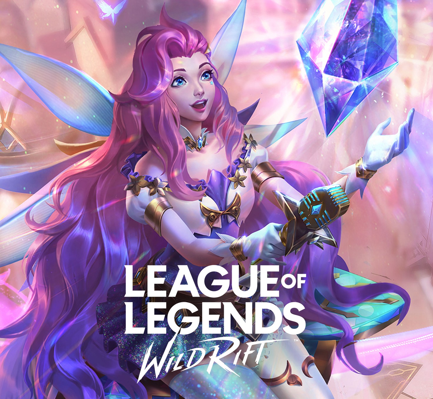 this is a colorful image featuring seraphine, a popular character from the game league of legends: wild rift. she is wearing a magical outfit and has wings, with crystals surrounding her. the image is filled with vibrant colors and a fantasy aesthetic, reflecting the magical world of league of legends.