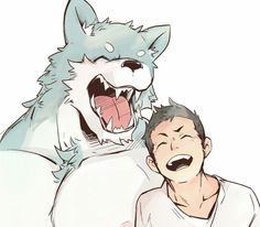 a sketch of a young man smiling widely with a large, fluffy wolflike creature. the creature also appears happy, with its mouth open in a joyful expression. they are positioned closely, suggesting a friendly and possibly affectionate bond.
