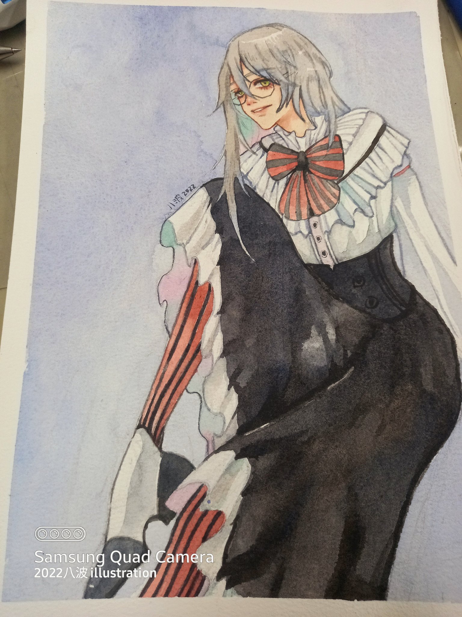 this is a watercolor painting of a girl with white hair wearing a white dress with a red bow and black skirt, she has red stockings and is wearing glasses. she is looking down and to the left, as if lost in thought. the background is a light blue watercolor wash. the painting is done in a very detailed style, with fine lines and subtle shading. the girl's expression is sweet and innocent.