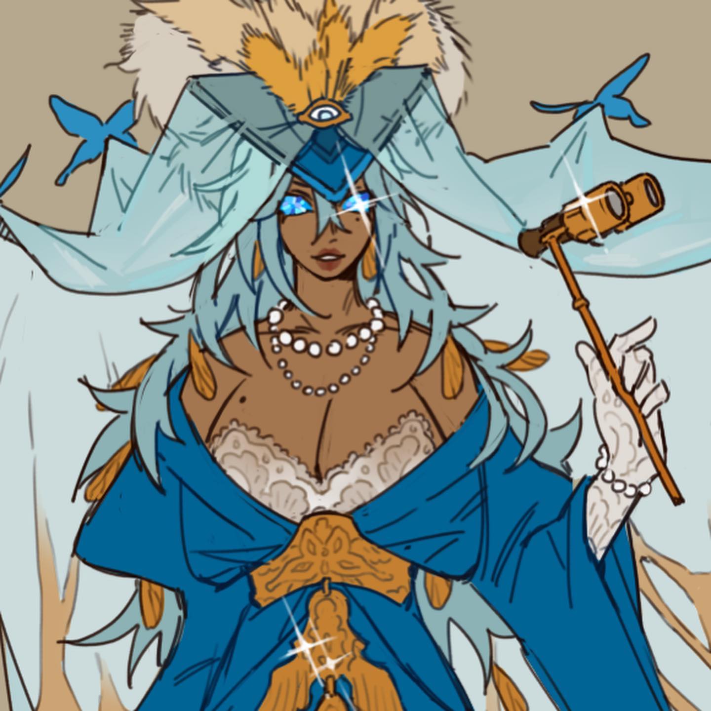 he image is a digital illustration of a fantasy character, a woman with long, flowing blue hair and intricate, ornate clothing. she wears a large, elaborate headdress with feathers and what appears to be a veil or cape. her dress is a mix of royal blue and gold, accented with pearls and other details. she holds opera glasses or binoculars in one hand, and the overall style is evocative of anime or manga.  the character has brown skin and striking blue eyes. the art style blends elements of fantasy and elegance, creating a mystical and powerful impression.