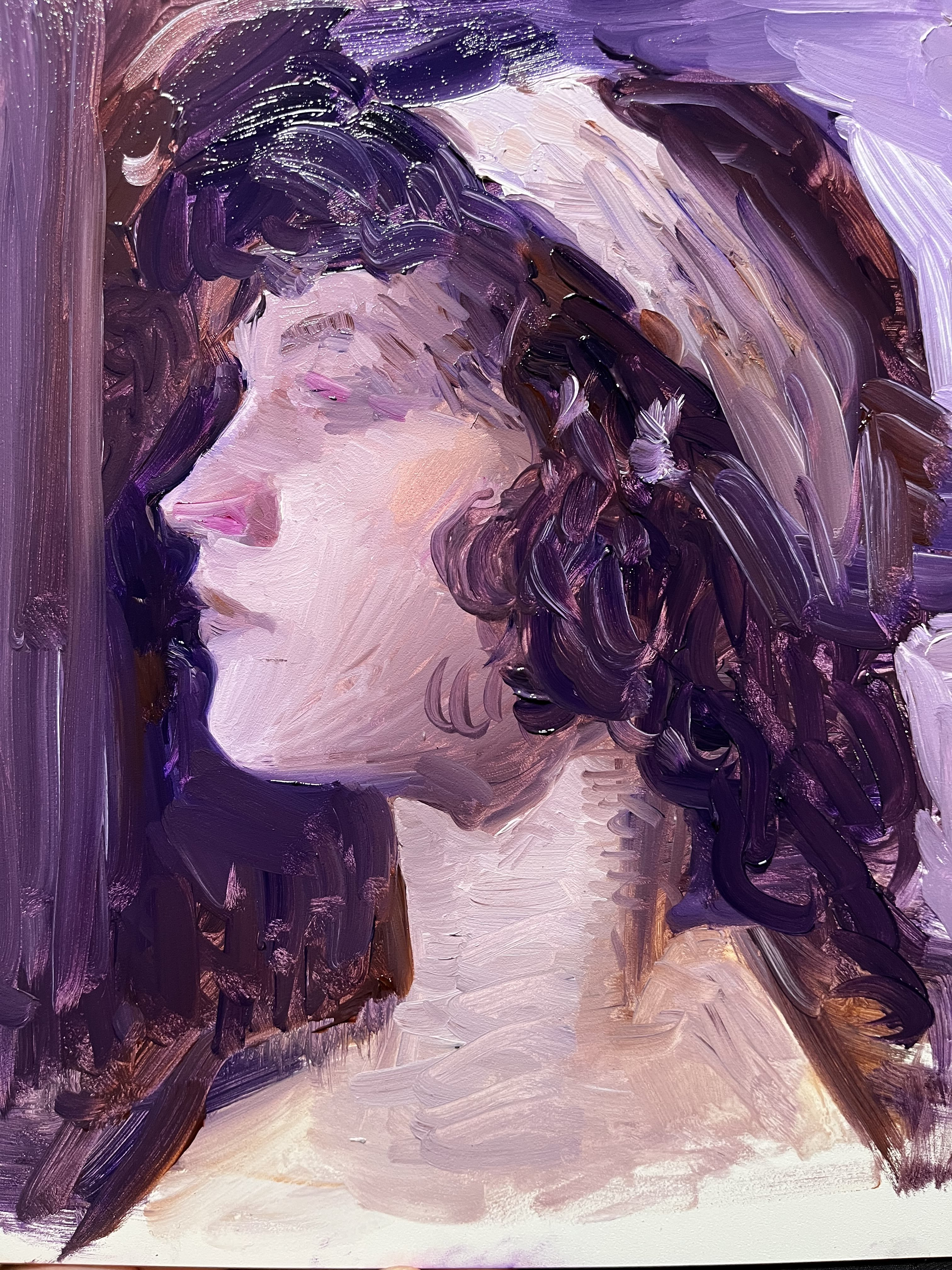 a closeup oil painting of a woman's face, rendered in purple hues and thick brushstrokes, creating a textured and expressive piece. the woman is looking down and her eyes are closed,  the thick application of paint giving the painting a sense of depth and dimension. the woman's features are softened by the brushstrokes and the purple background, resulting in a dreamy and romantic portrait.