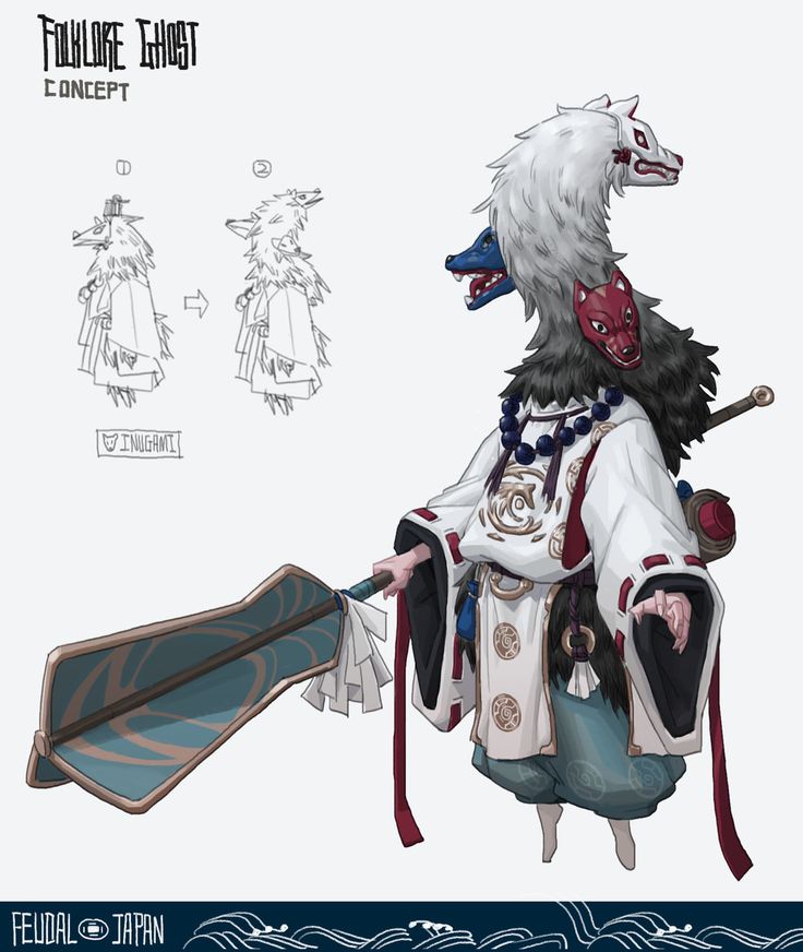 a concept art illustration depicting a mythical creature, perhaps a yokai, a type of japanese spirit, dressed in a white kimono with black sleeves, and three wolf heads, one white and two with red and blue masks, with the white one at the top, and the other two forming a collar around the neck of the creature. the character appears to be holding a large, ornate staff. in the upper left corner of the image are concept sketches of the character in different poses. the words “folklore ghost concept”, “inugami”, and “feudal japan” are labeled at the top and bottom of the image.