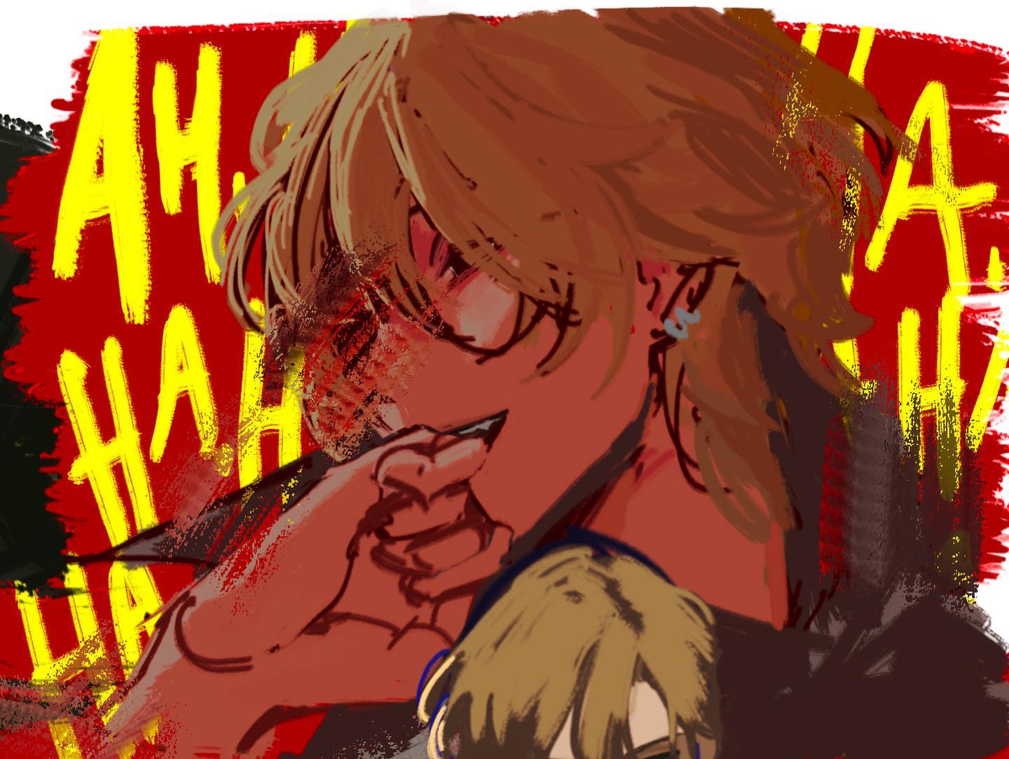 an anime style drawing of a person with long brown hair, smiling and holding their hand to their mouth with a mischievous expression. the background is red with a yellow text that reads "aha ha ha". the person's eyes are dark and they are wearing an earring.