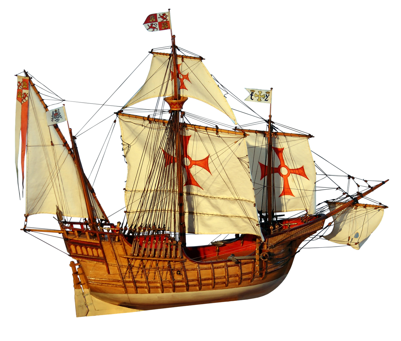 a detailed model of a historic caravel sailing ship with wooden hull, sails with red crosses, multiple masts, and rigging against a black background. the ship is adorned with flags and intricate detailing.