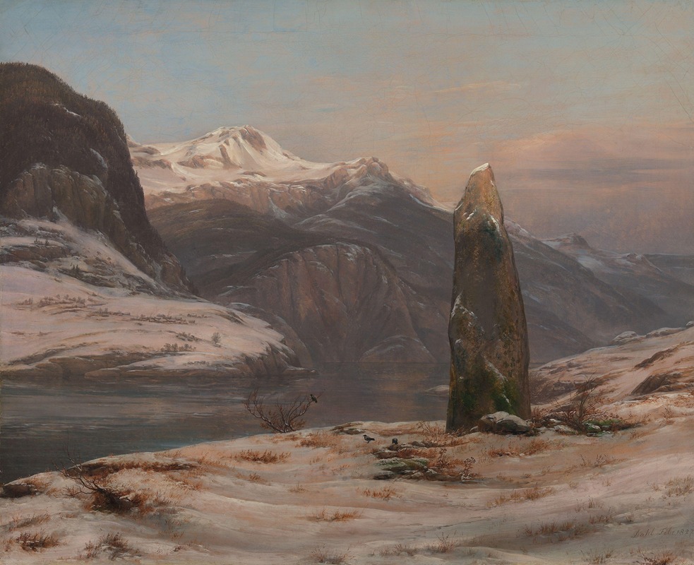 painting by johan christian dahl featuring a winter landscape with snowcovered mountains, a body of water, and a prominent menhir or standing stone. the scene includes trees, birds, and other natural elements typical of a norwegian fjord. the sky is a mix of soft colors suggesting either sunrise or sunset.