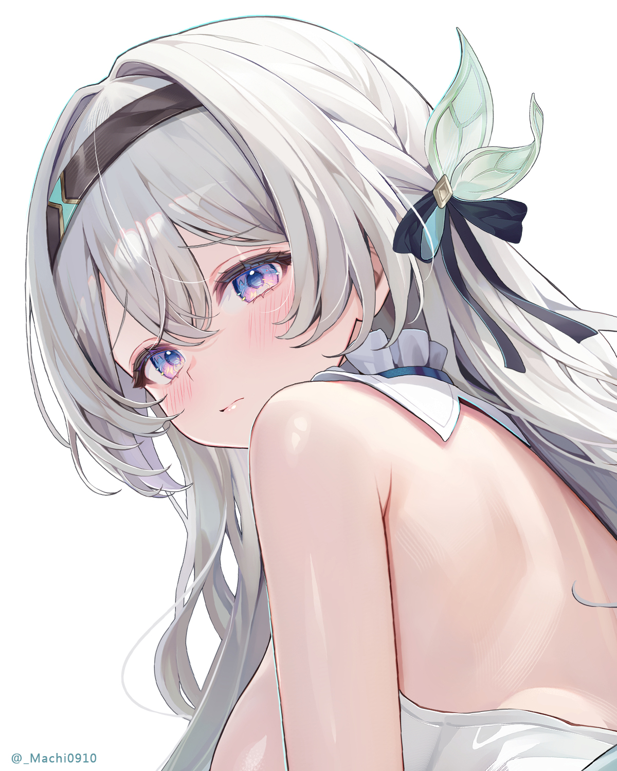 the image shows an animestyle illustration of a girl with long white hair and blue eyes. she has a slight blush on her cheeks and is wearing a hair accessory with a leaf design and a dark ribbon. the girl is looking over her shoulder, and her bare shoulder is visible. the perspective is a back view of the girl.