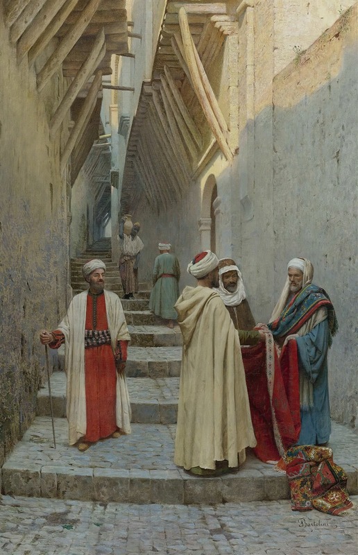 the image depicts a scene in a middle eastern or north african street, likely a marketplace. a group of men in traditional clothing are engaged in what appears to be a business transaction, possibly involving the exchange of goods. the architecture features narrow streets and staircases. a water carrier ascends the steps in the background. the overall impression is one of everyday life in a bustling marketplace with orientalist elements.