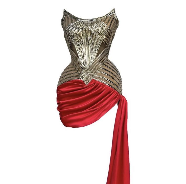 a short, gold and red cocktail dress with intricate detailing and a draped red fabric accent. the dress features a sequined gold bodice with a crisscross pattern, horizontal stripes, and cutouts. the lower portion is a draped red fabric that gathers on one side and extends into a long, flowing tail.