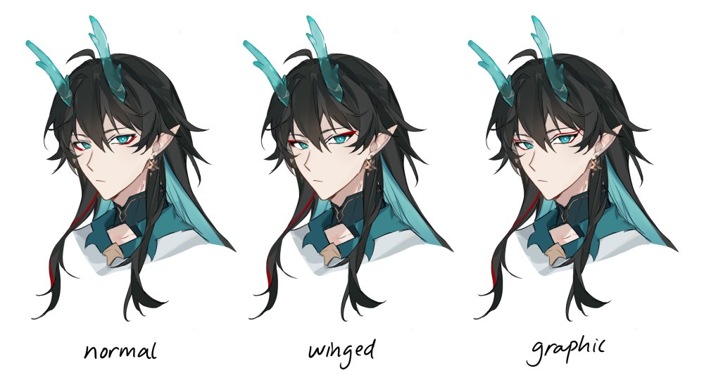 the image shows three different versions of an anime boy's head. the first is labeled "normal" and has simple hair. the second is labeled "winged" and has horns that look like wings. the third is labeled "graphic" and has a graphic design effect. the boy has black hair with red streaks and a blue and green color scheme. he is wearing a blue collar and has a sharp facial structure. the overall style is a modern anime art style.