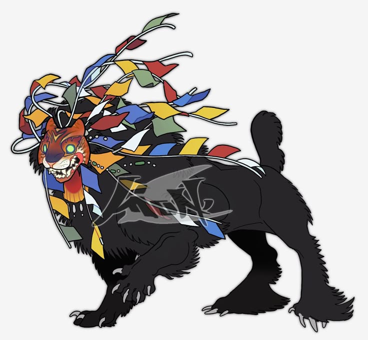 the image shows a black, lionlike monster with a masklike face, sharp teeth, and claws. it is adorned with colorful flags that are attached to its head and body. the creature has a powerful, predatory appearance.