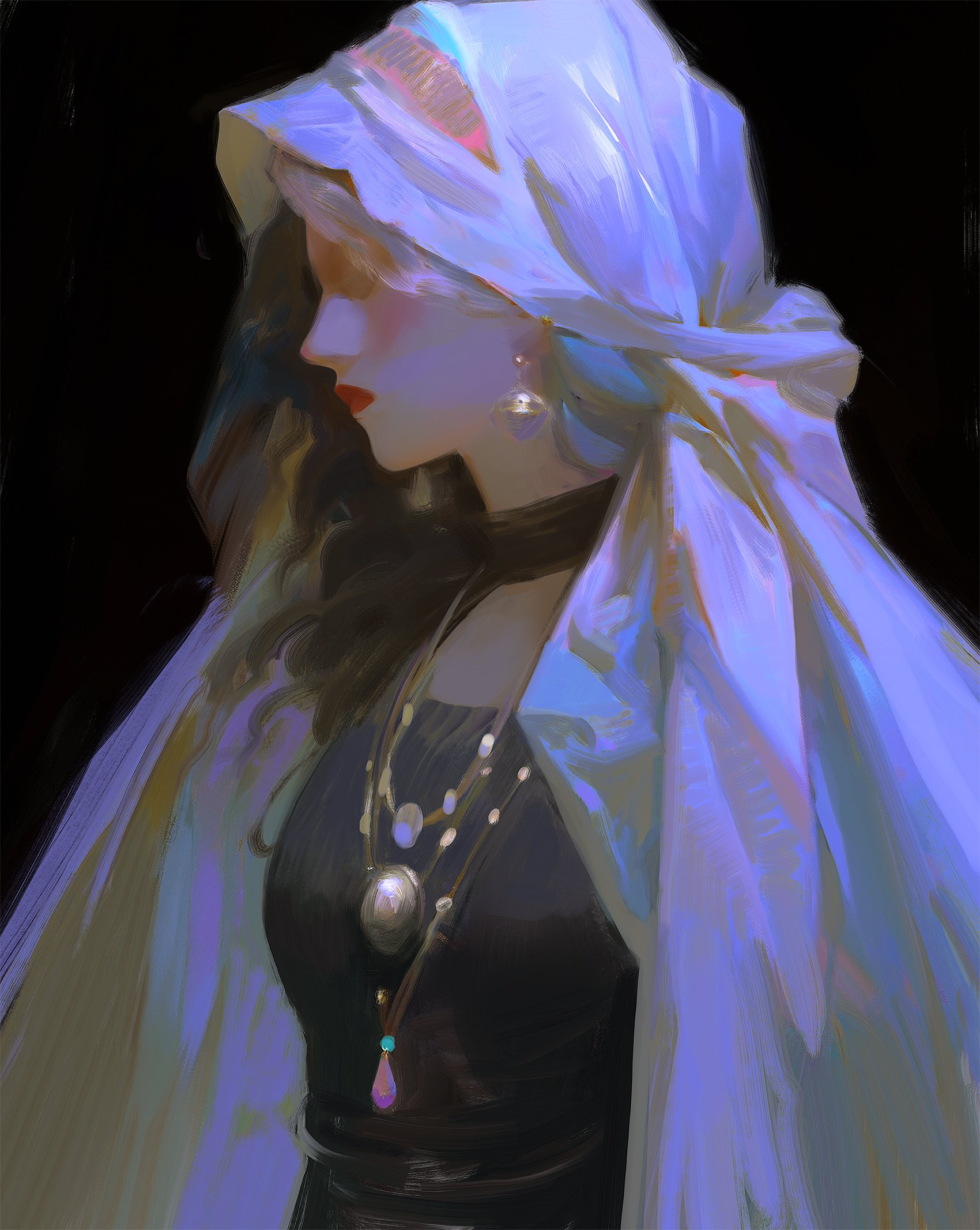 a digital painting of a woman wearing a veil and necklace. her face is partially obscured by the veil, but she has long hair and is wearing a dark dress. the painting is done in a painterly style, with soft brushstrokes and muted colors. the woman's eyes are closed, and she has a serene expression. she appears to be lost in thought, or perhaps she is dreaming. the painting is both elegant and mysterious, and it evokes a sense of longing and sadness.
