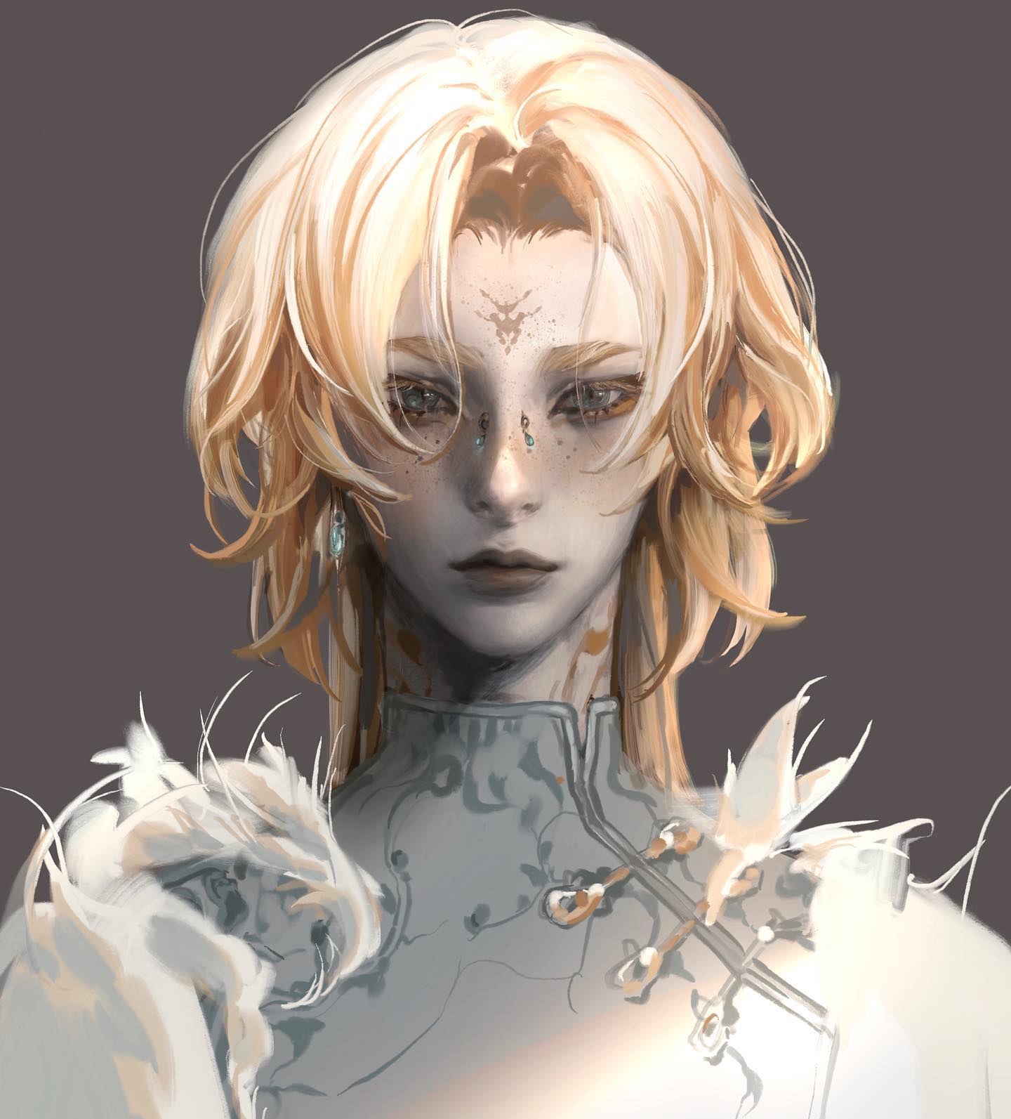 a digital illustration of a young anime boy with blonde hair, blue eyes, and pale skin. he is wearing a white and silver ornate collar with gold buttons. his expression is neutral and he looks slightly down. the background is a soft gray.